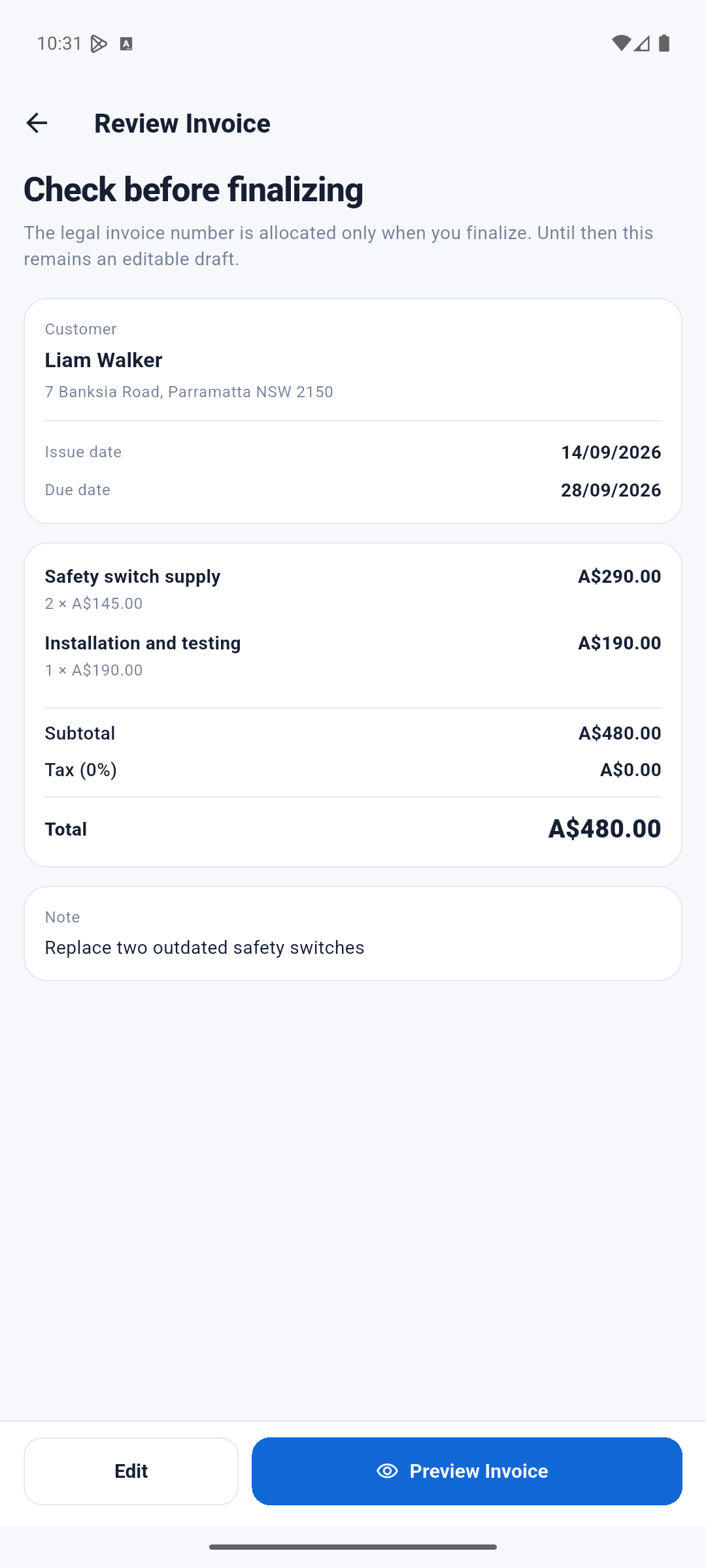 Doravo invoice workflow in English with AUD