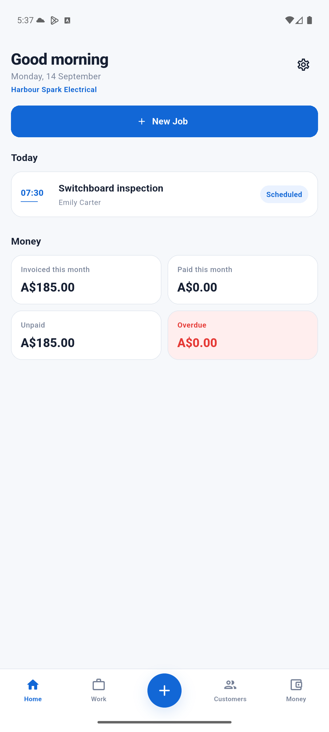 Doravo home and jobs screen with Australian dollar amounts