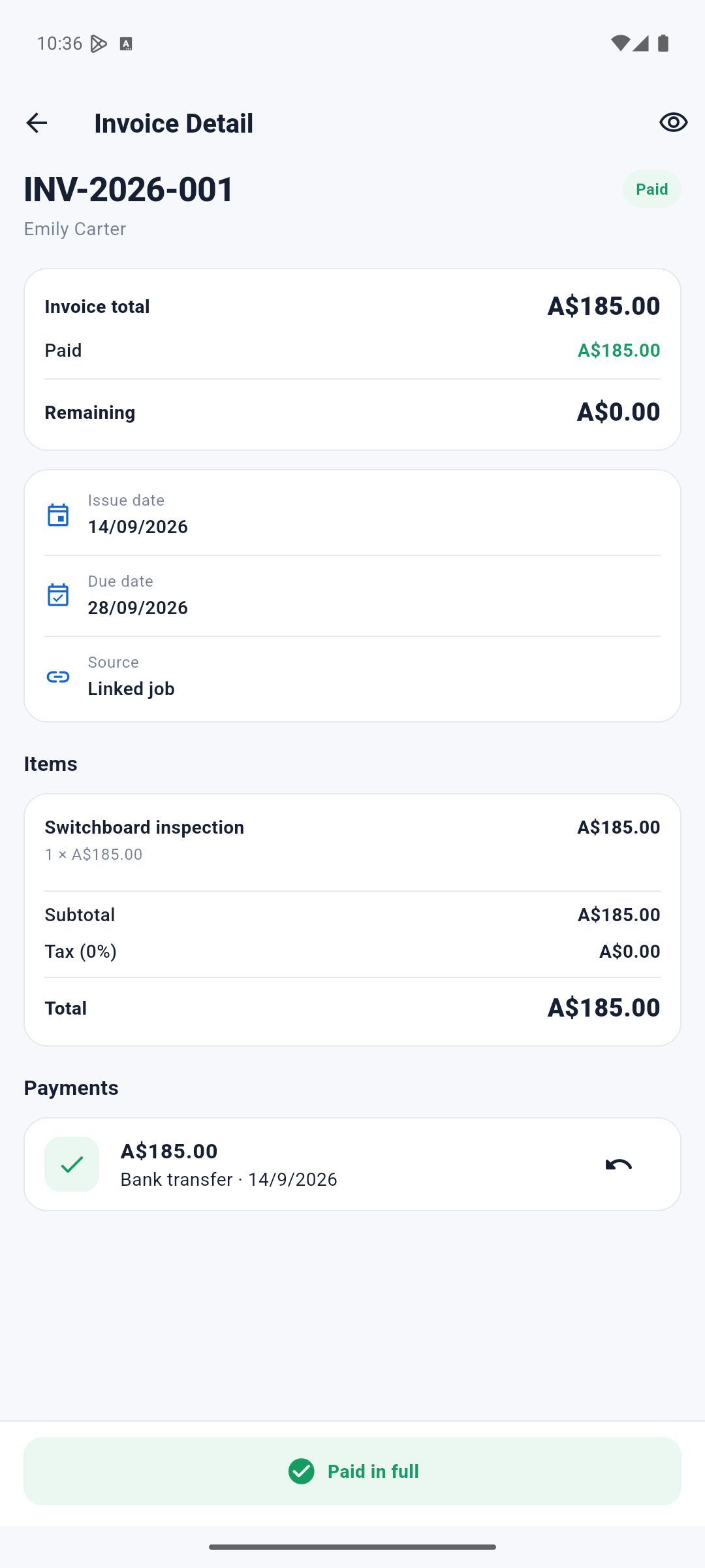 Doravo paid invoice in English with AUD